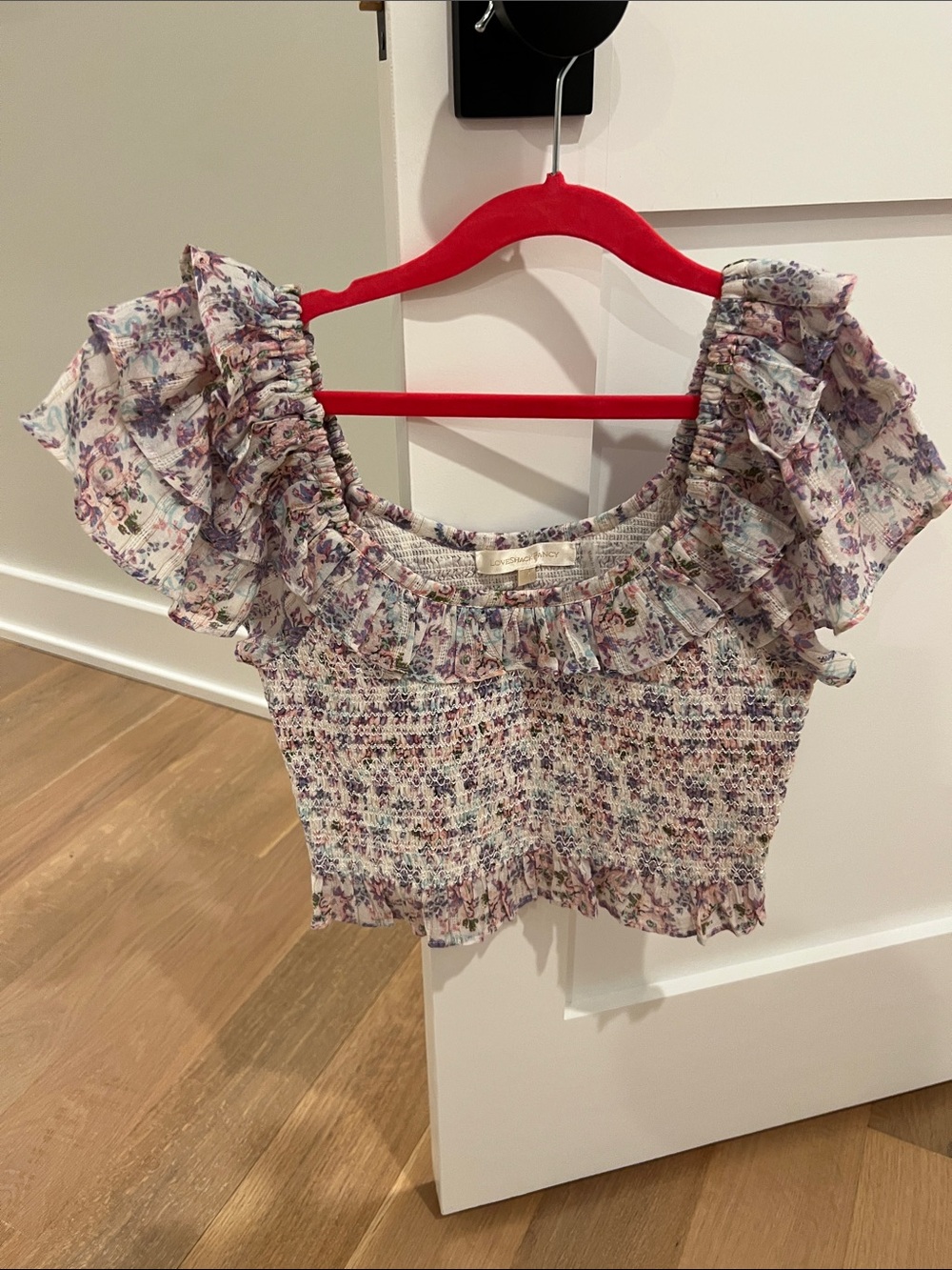 LoveShackFancy Lavender Floral Smocked Ruffle Crop Top